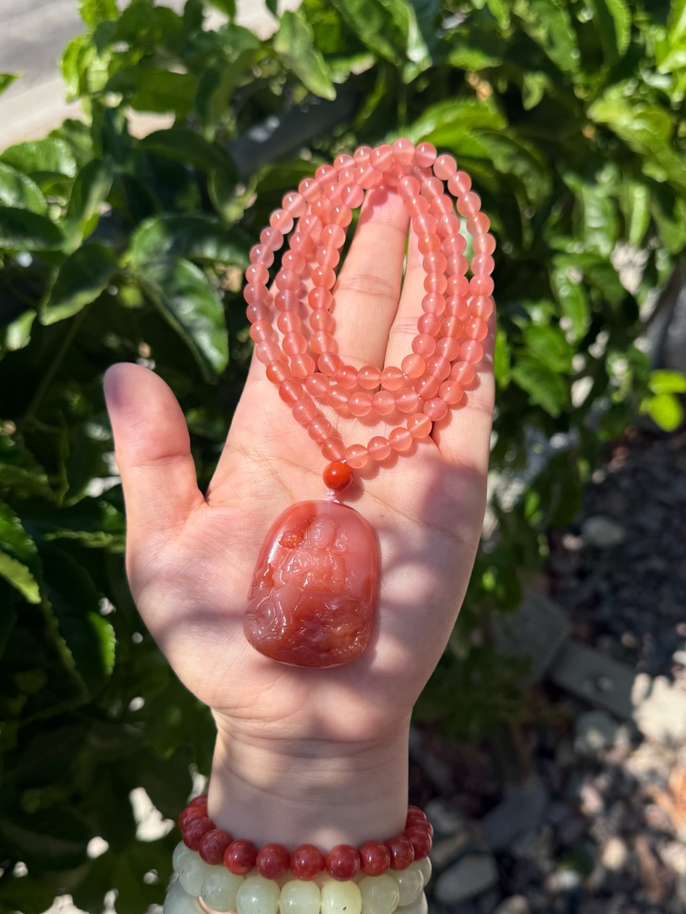 Carved Red Carnelian Bead Necklace with Pendant
